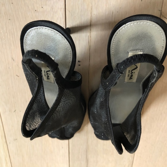 Black glittery sheer mesh open-toe sling-back dress shoes, size 8 - Picture 8 of 10